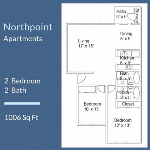 Floor plan for 2 beds, 2 baths, 1006 sqft